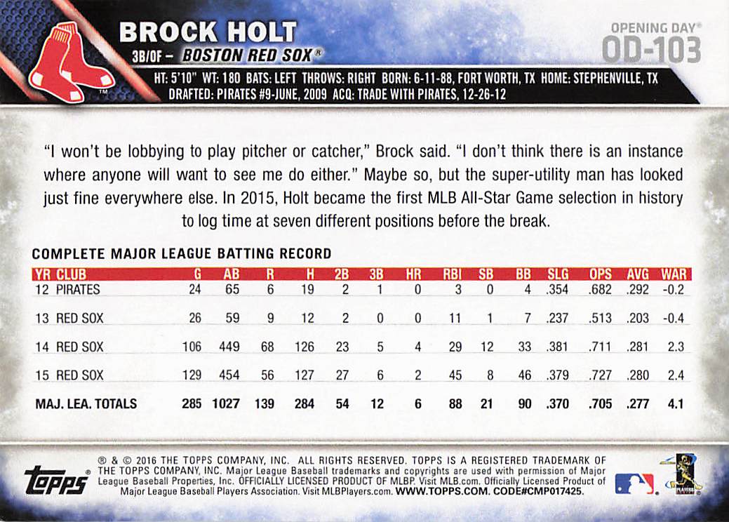 2016 Topps Opening Day Baseball Brock Holt #OD-103