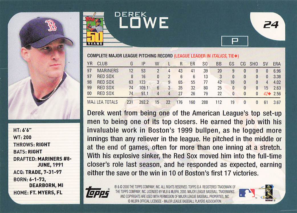 2001 Topps Baseball Derek Lowe #24