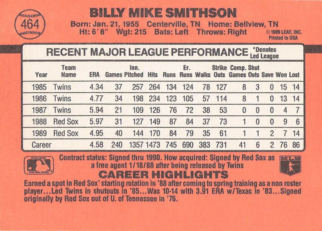 1990 Donruss Baseball Mike Smithson #464b