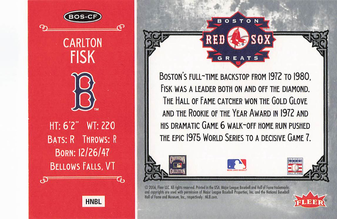 2006 Fleer Greats of the Game Baseball Red Sox Greats Carlton Fisk #BOS-CF