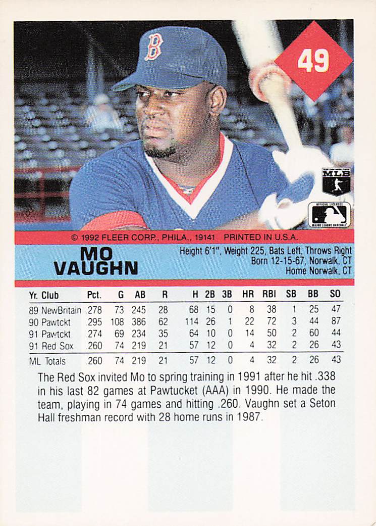 1992 Fleer Baseball Mo Vaughn #49b