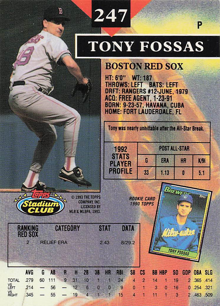 1993 Stadium Club Baseball Tony Fossas #247