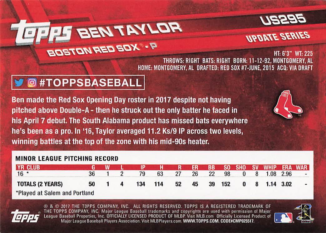 2017 Topps Update Baseball Ben Taylor #US295 Rookie