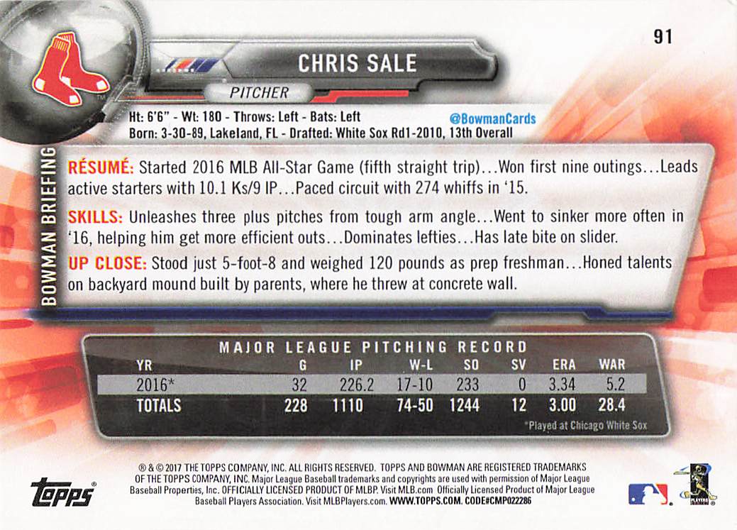 2017 Bowman Baseball Chris Sale #91
