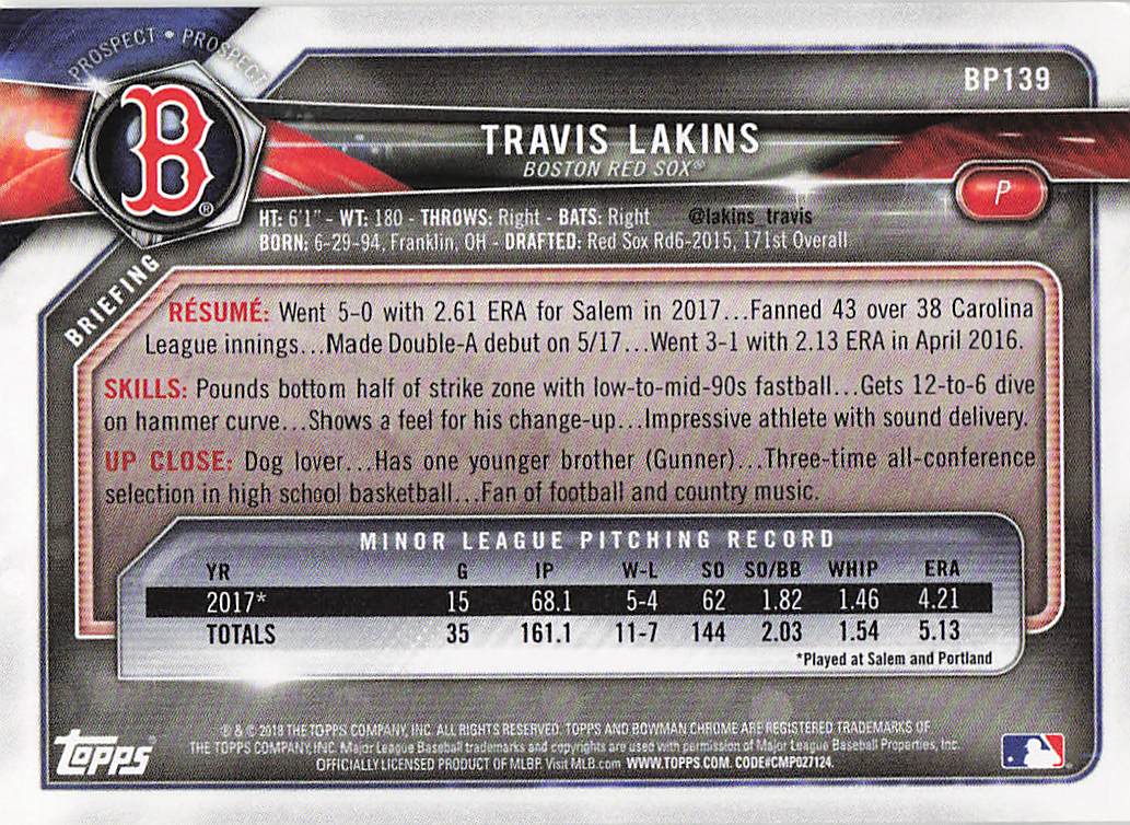 2018 Bowman Baseball Prospects Travis Lakins #BP139