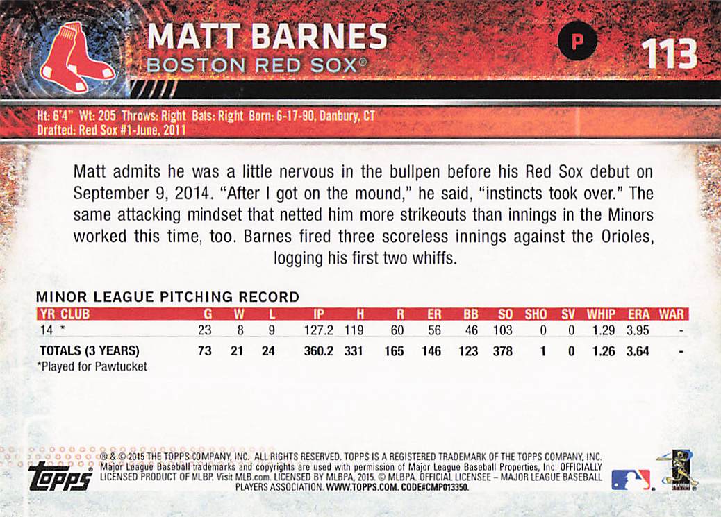 2015 Topps Opening Day Baseball Matt Barnes #113 Rookie
