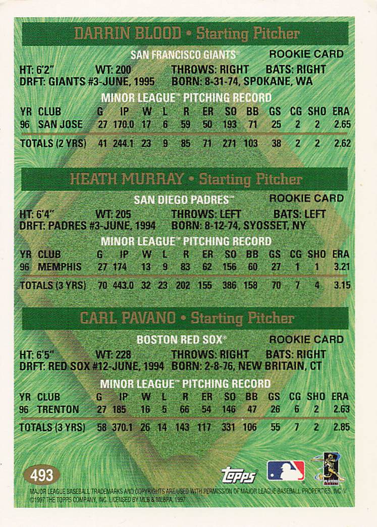 1997 Topps Baseball Darin Blood / Heath Murray / Carl Pavano PROS, UER #493