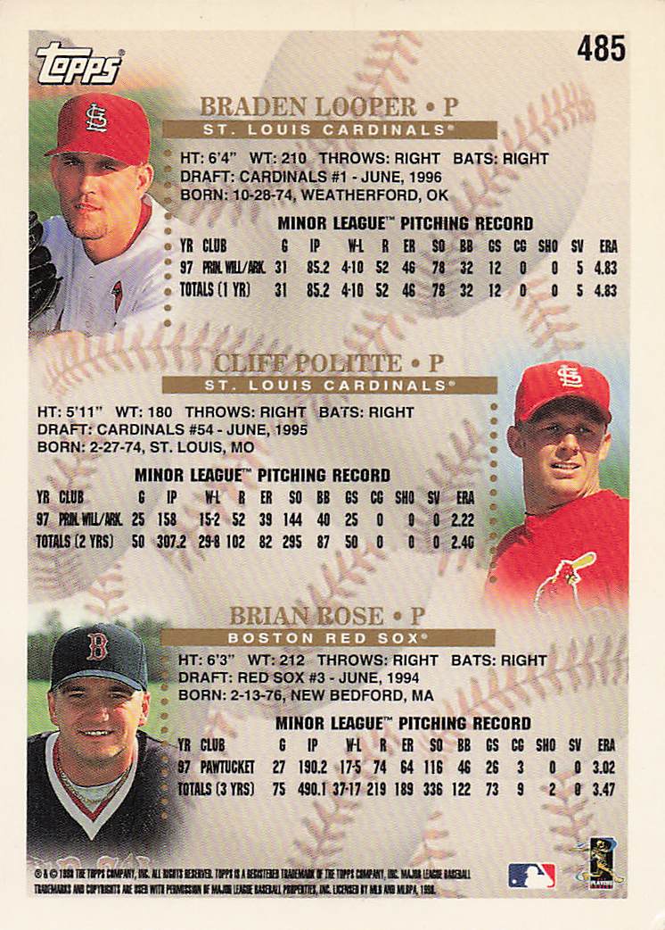1998 Topps Baseball Braden Looper / Cliff Politte / Brian Rose PROS #485
