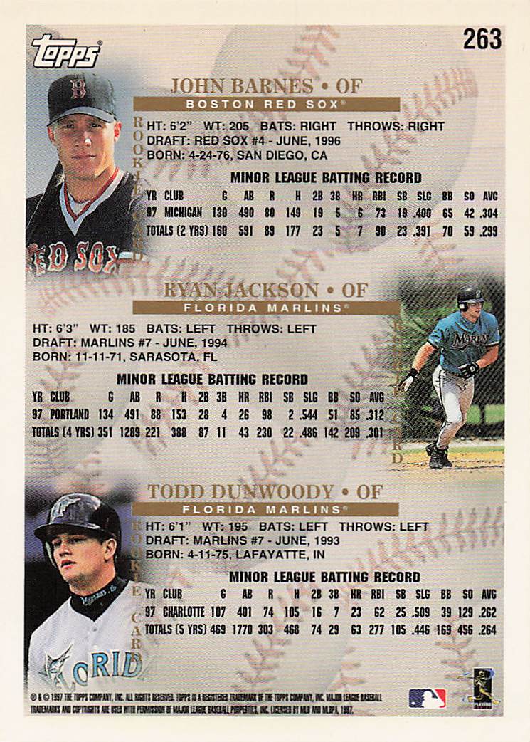 1998 Topps Baseball John Barnes / Ryan Jackson / Todd Dunwoody PROS, RC #263