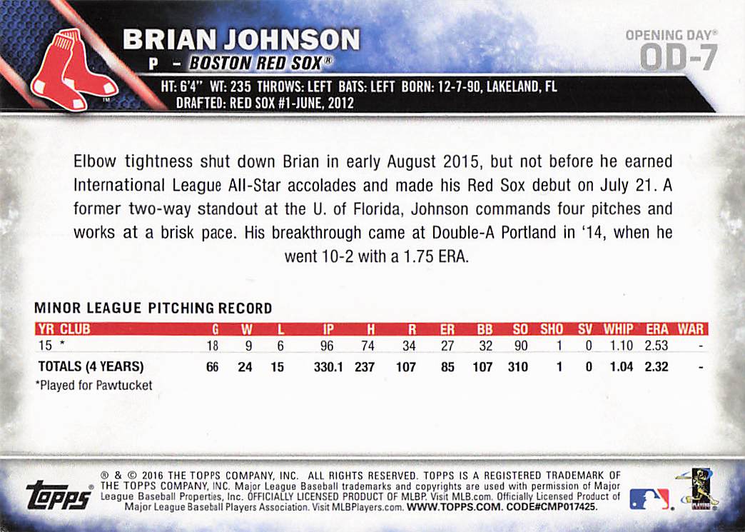 2016 Topps Opening Day Baseball Brian Johnson #OD-7 Rookie