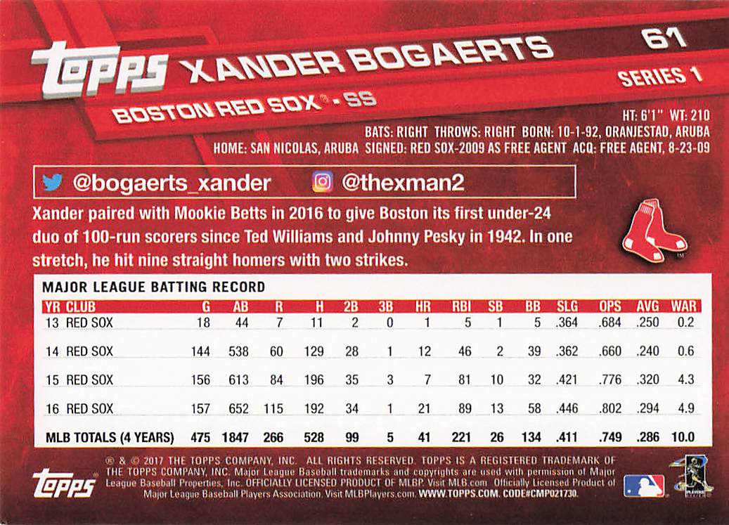 2017 Topps Baseball Black Xander Bogaerts #61