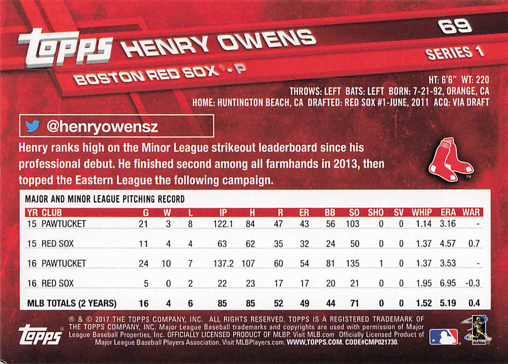 2017 Topps Baseball Henry Owens #69