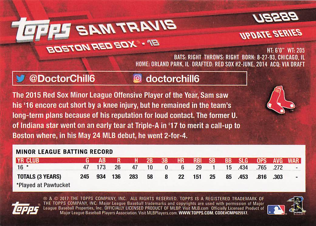 2017 Topps Update Baseball Sam Travis #US289 Rookie