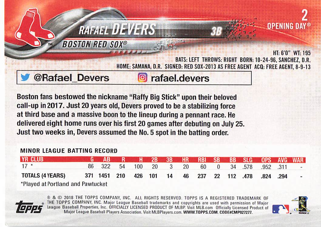 2018 Topps Opening Day Baseball Rafael Devers #2 Rookie