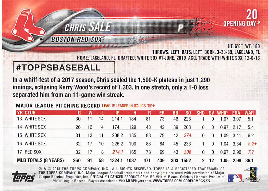 2018 Topps Opening Day Baseball Chris Sale #20