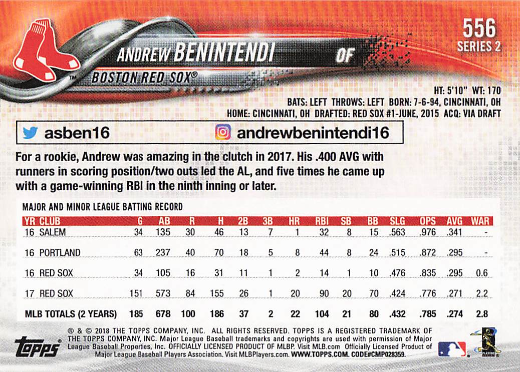 2018 Topps Baseball Andrew Benintendi #556