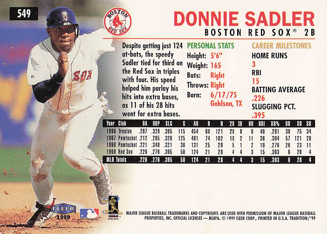 1999 Fleer Tradition Baseball Donnie Sadler #549