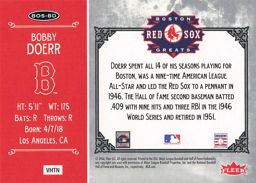 2006 Fleer Greats of the Game Baseball Red Sox Greats Bobby Doerr #BOS-BD