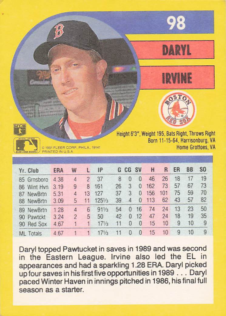 1991 Fleer Baseball Daryl Irvine #98b Rookie