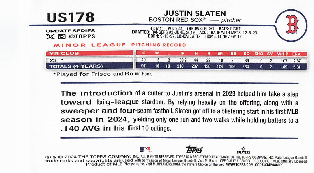2024 Topps Update Baseball Rainbow Foil Justin Slaten #US178 Rookie