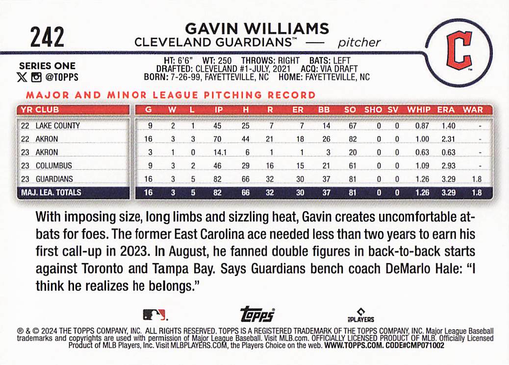 2024 Topps Baseball Rainbow Foil Gavin Williams #242