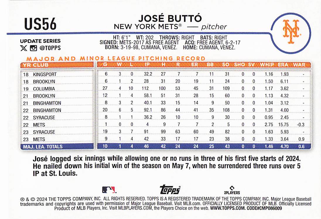 2024 Topps Update Baseball Rainbow Foil Jose Butto #US56