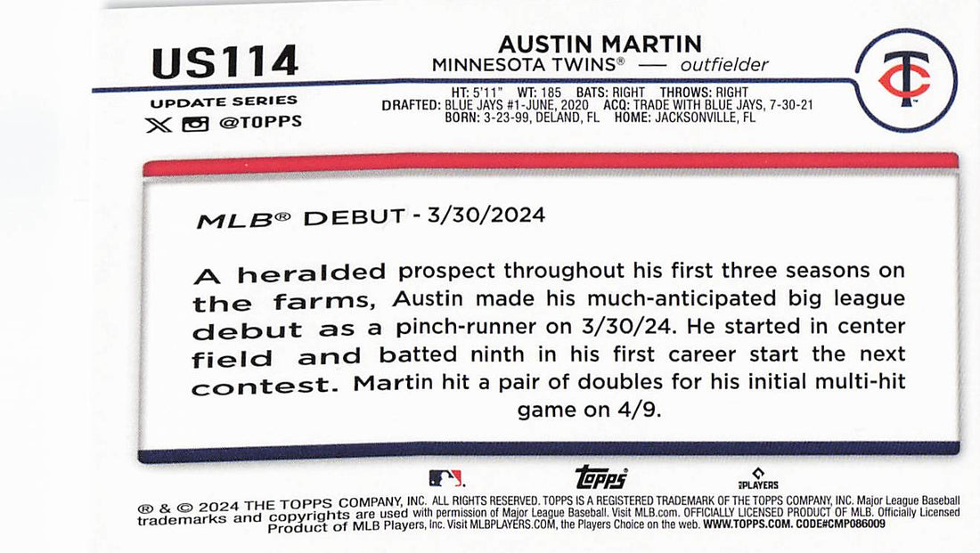 2024 Topps Update Baseball Rainbow Foil Austin Martin #US114