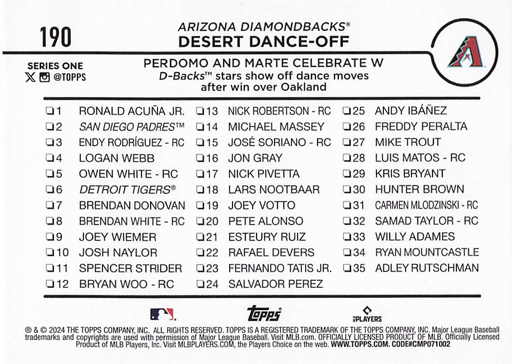 2024 Topps Rainbow Foil Desert Dance-Off: Perdomo and Marte Celebrate #190