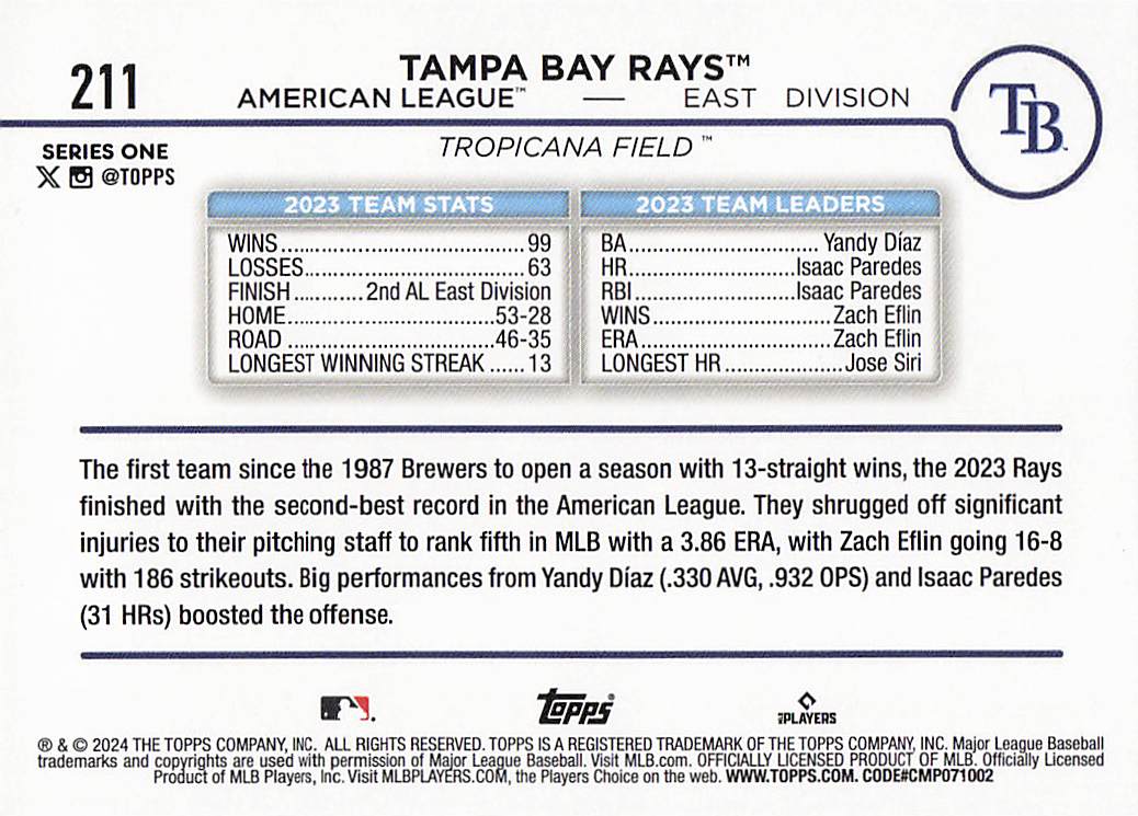 2024 Topps Baseball Rainbow Foil Tampa Bay Rays #211
