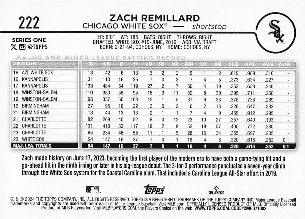 2024 Topps Baseball Rainbow Foil Zach Remillard #222
