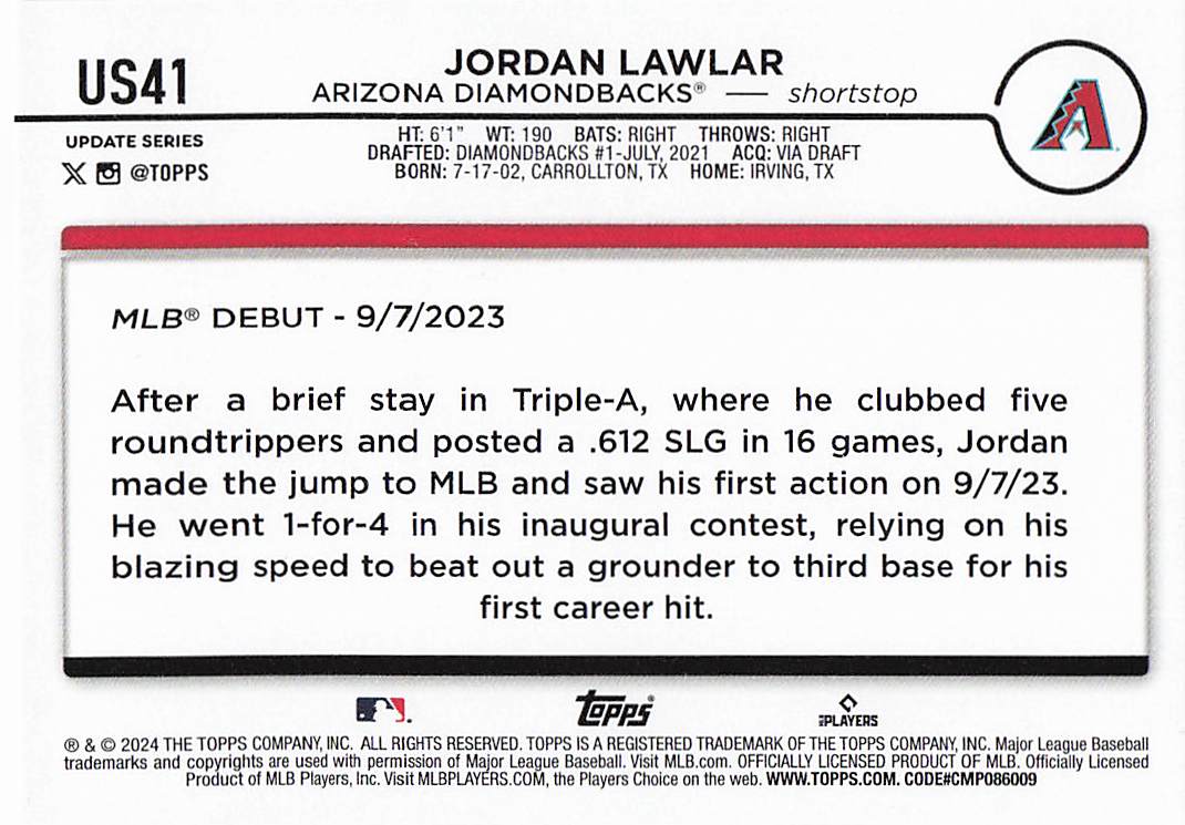 2024 Topps Update Baseball Jordan Lawlar #US41