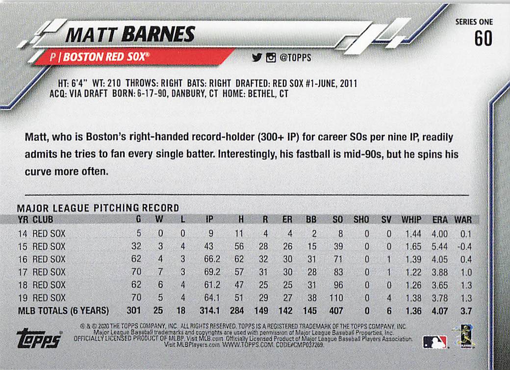 2020 Topps Baseball Gold Foil Matt Barnes #60