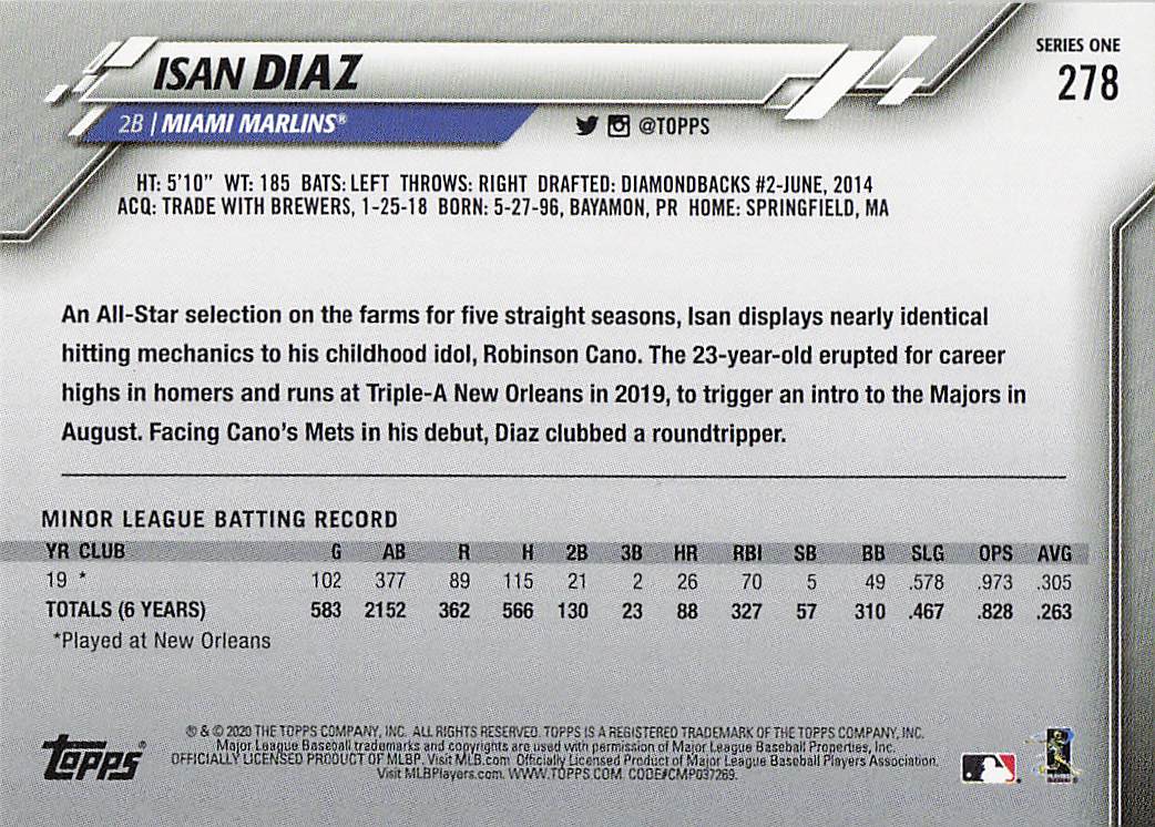 2020 Topps Baseball Isan Diaz #278 Rookie