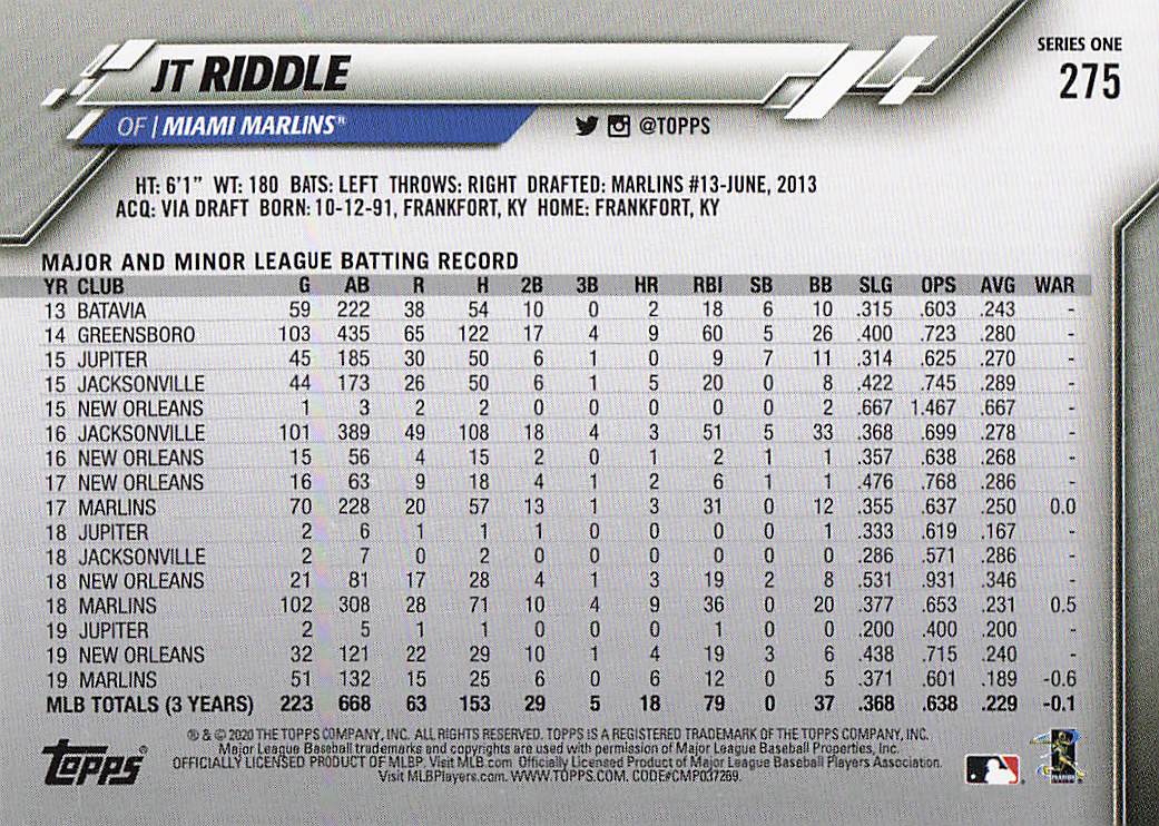 2020 Topps Baseball JT Riddle #275