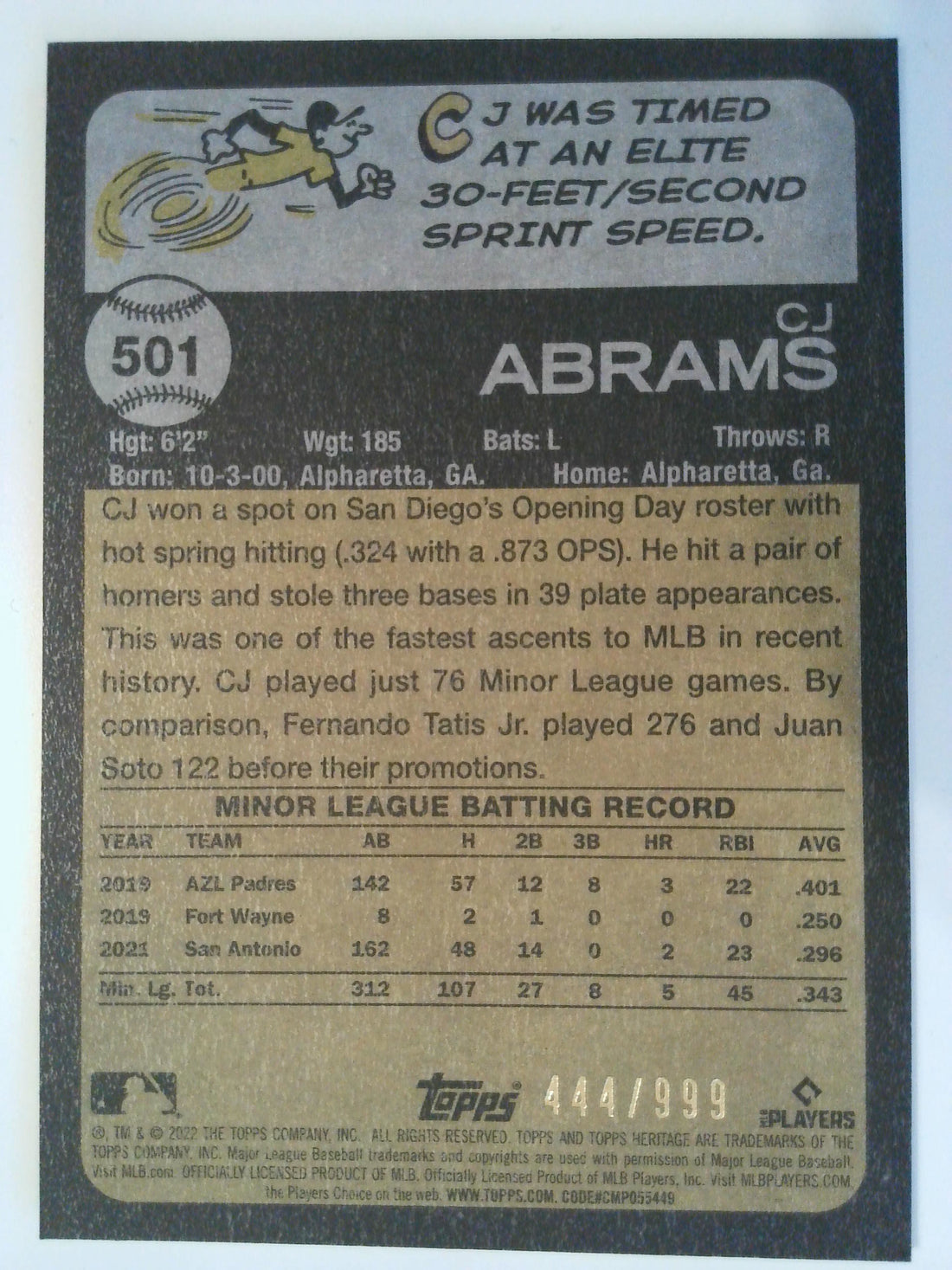 2022 Topps Heritage Baseball Chrome 444/999 CJ Abrams #501