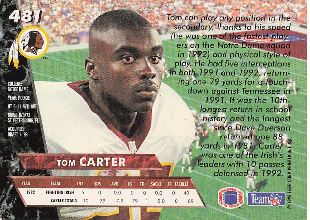1993 Ultra Football Tom Carter #481 Rookie
