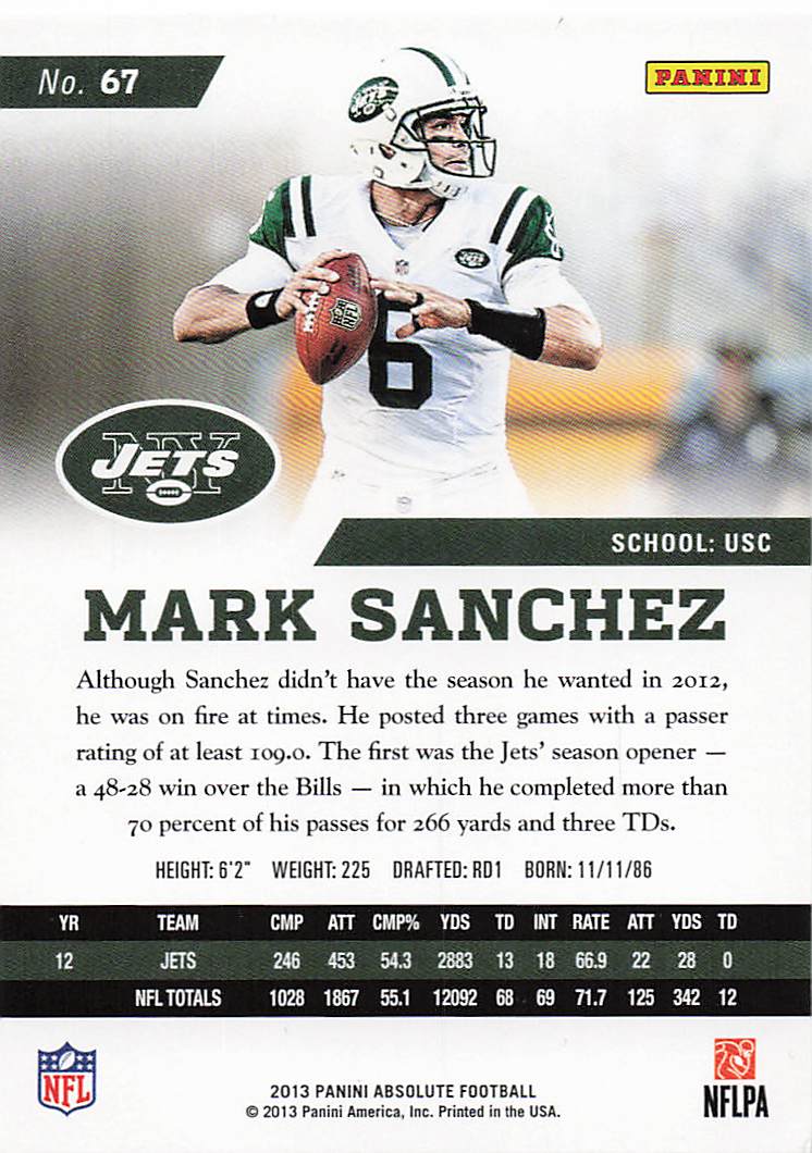 2013 Panini Absolute Football Retail Mark Sanchez #67
