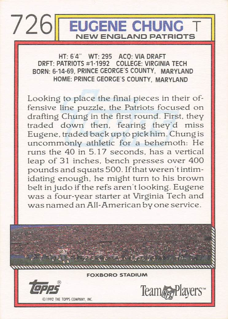 1992 Topps Football Eugene Chung #726 Rookie
