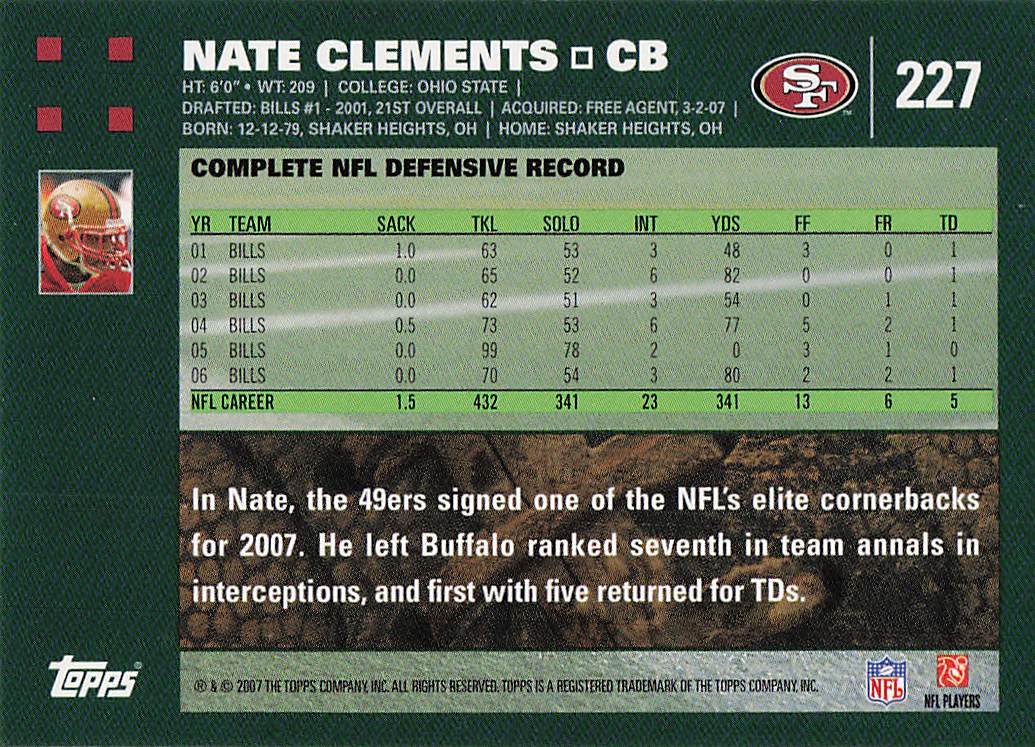 2007 Topps Football Nate Clements #227
