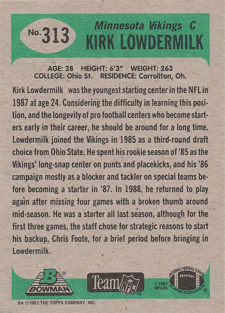 1991 Bowman Football Kirk Lowdermilk #313