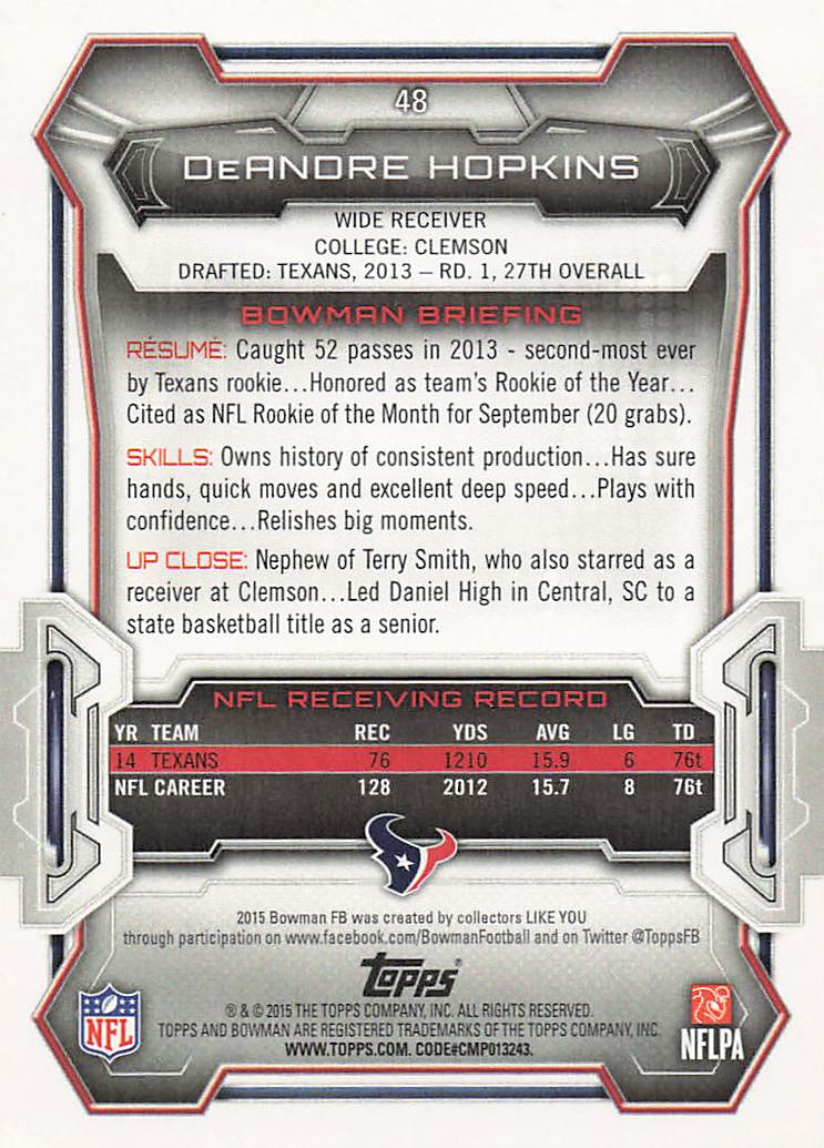 2015 Bowman Football DeAndre Hopkins #48