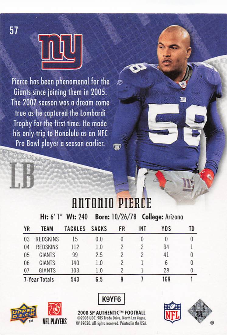 2008 SP Authentic Football Retail Antonio Pierce #57