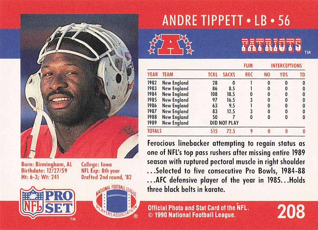 1990 Pro Set Football Andre Tippett #208