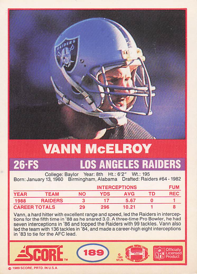 1989 Score Football Vann McElroy #189