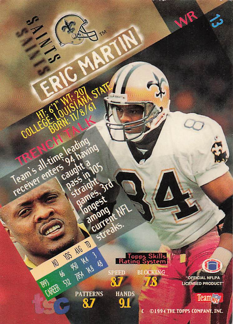 1994 Stadium Club Football Eric Martin #13