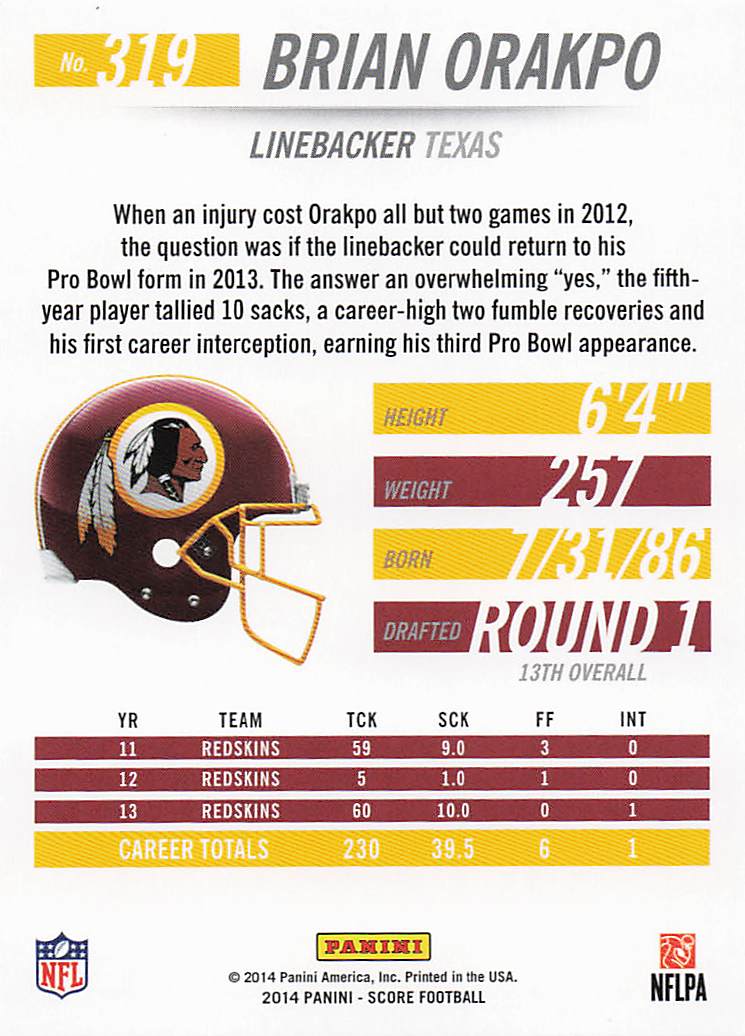 2014 Score Football Brian Orakpo #319