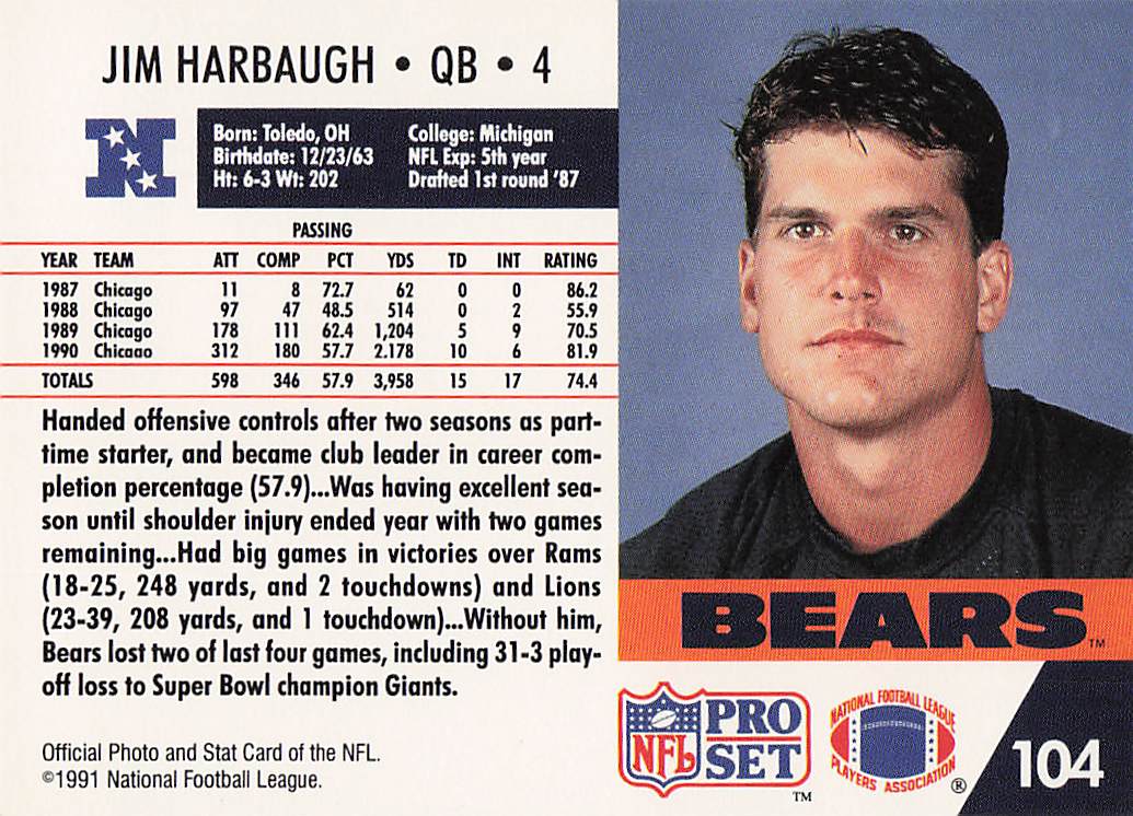 1991 Pro Set Football Jim Harbaugh #104