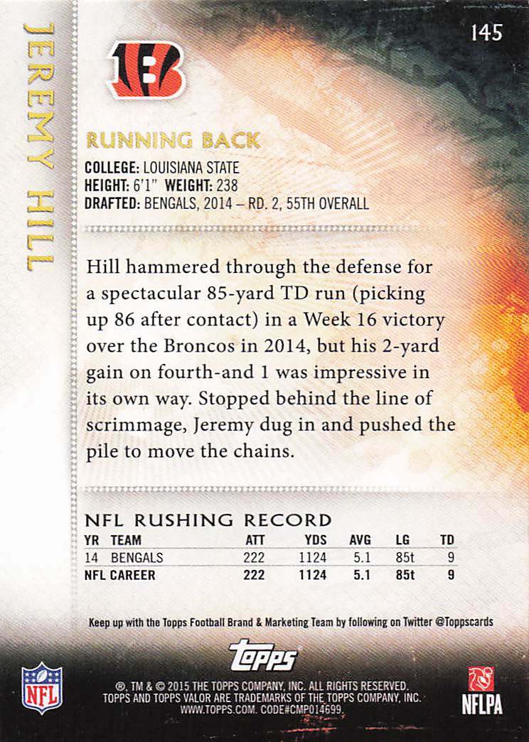 2015 Topps Valor Football Jeremy Hill #145
