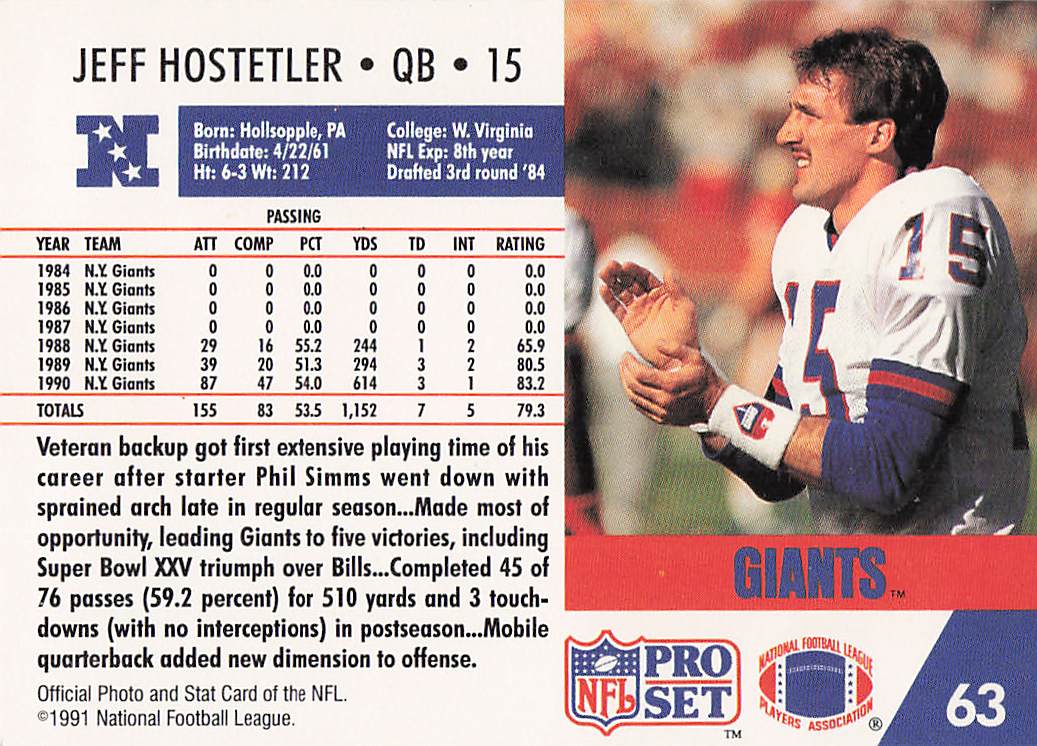 1991 Pro Set Football Jeff Hostetler #63