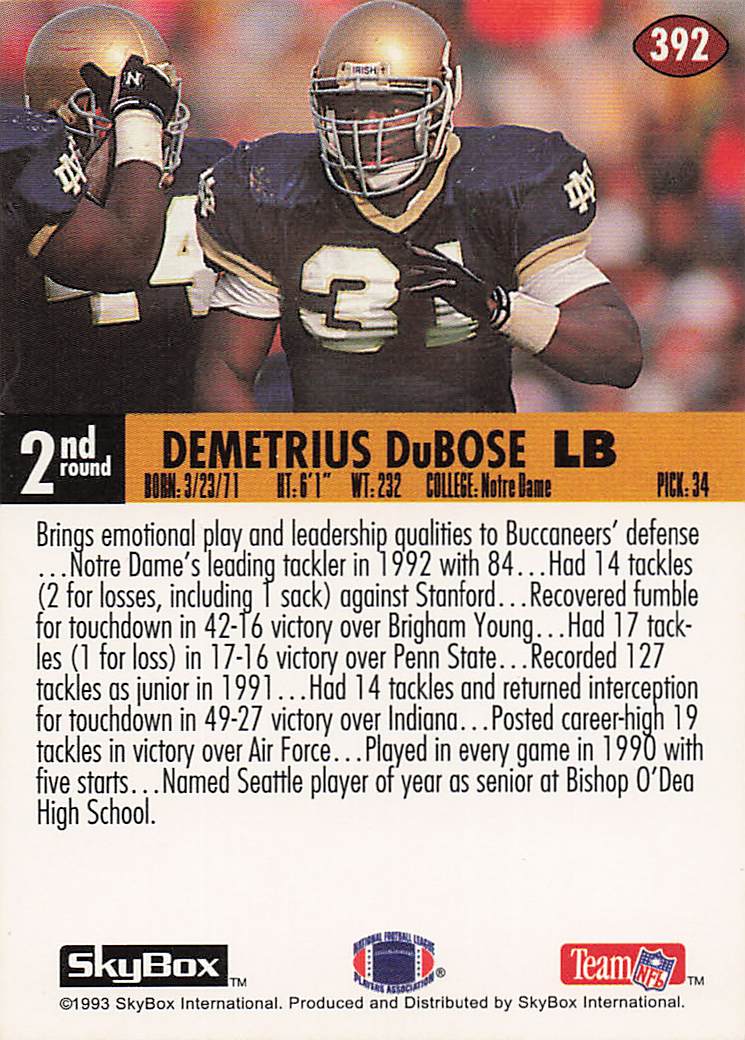 1993 SkyBox Impact Football Color Foils Demetrius DuBose #392 Rookie